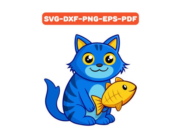 Cartoon Cat Holding Fish SVG Vector