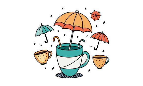 Cute Coffee Mug with Rainy Day Elements